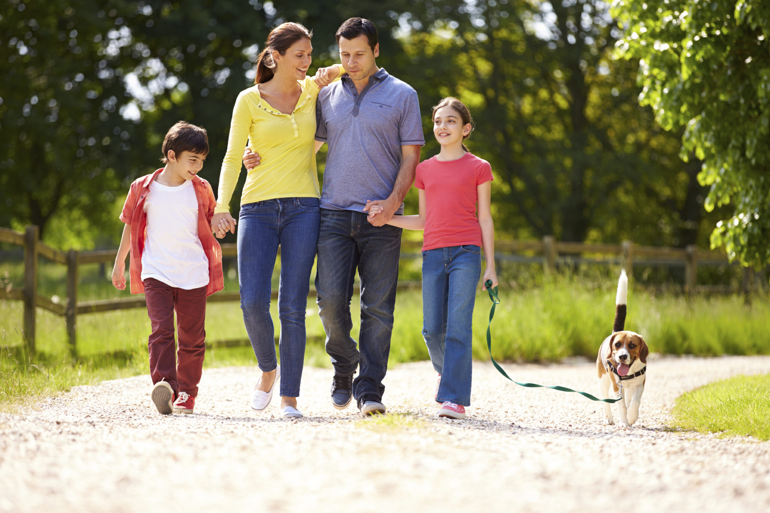 Hispanic Family Taking Dog For Walk In Countryside